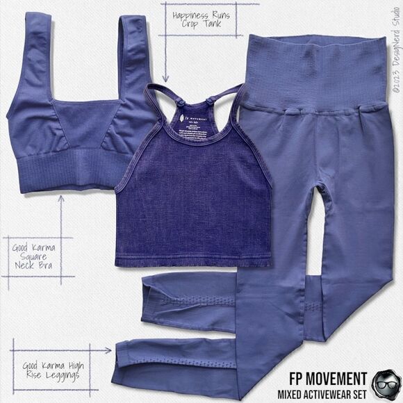 FP MOVEMENT SET GOOD KARMA SQUARE NECK BRA + LEGGINGS + HR CROP TANK VIOLET BLUE - Picture 16 of 16